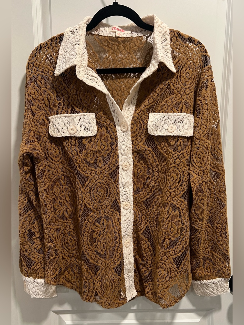 Mazik Women’s Brown Lace Sheer Shirt with Cream Lace Trim Size S NWOT